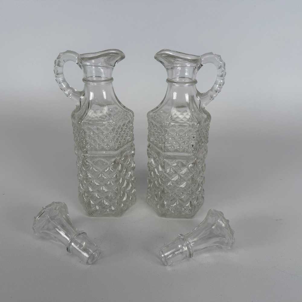 Anchor Hocking Vintage Glass Cruet Set Diamond Point Oil Vinegar Decanters G13